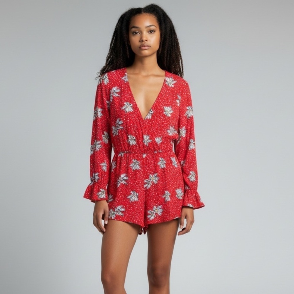 Willow & Clay Red Floral V Neck Boho Chic Long Sleeve Romper Jumpsuit XS